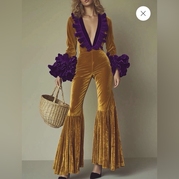 Oyrosy Designer Fashion Party Purple Ruffle Flared Gold Velvet Jumpsuit Sz Small - Picture 2 of 9
